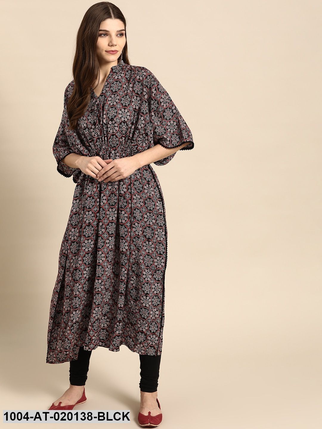 Black & Maroon Geometric Screen Print Flared Sleeves Kaftan Kurta