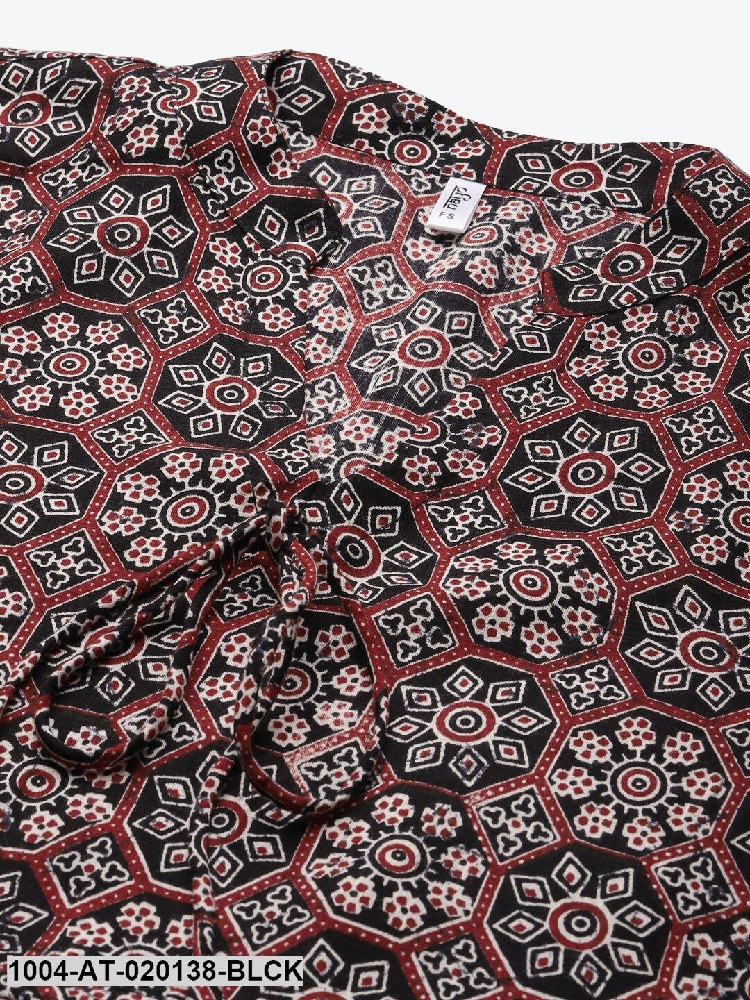 Black & Maroon Geometric Screen Print Flared Sleeves Kaftan Kurta