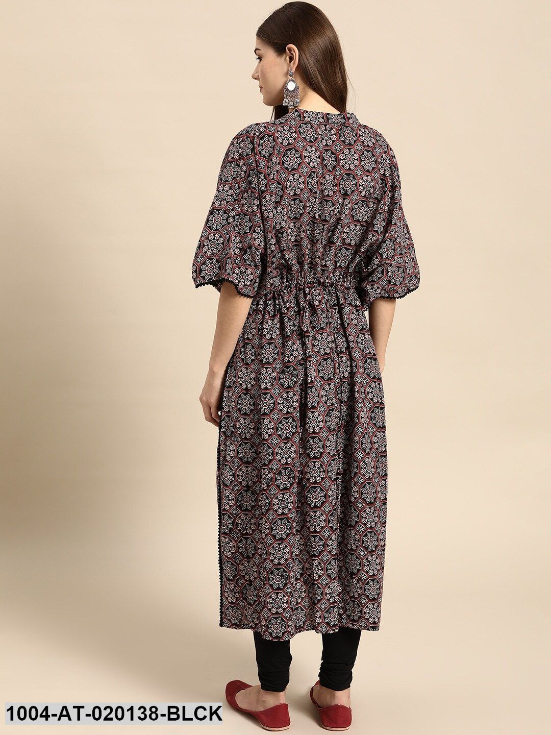 Black & Maroon Geometric Screen Print Flared Sleeves Kaftan Kurta