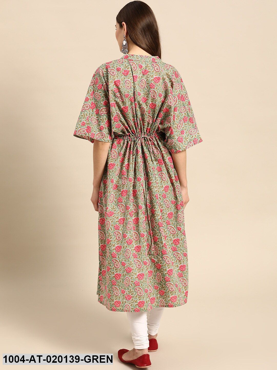 Green & Pink Floral Screen Print Flared Sleeves Floral Kaftan Kurta