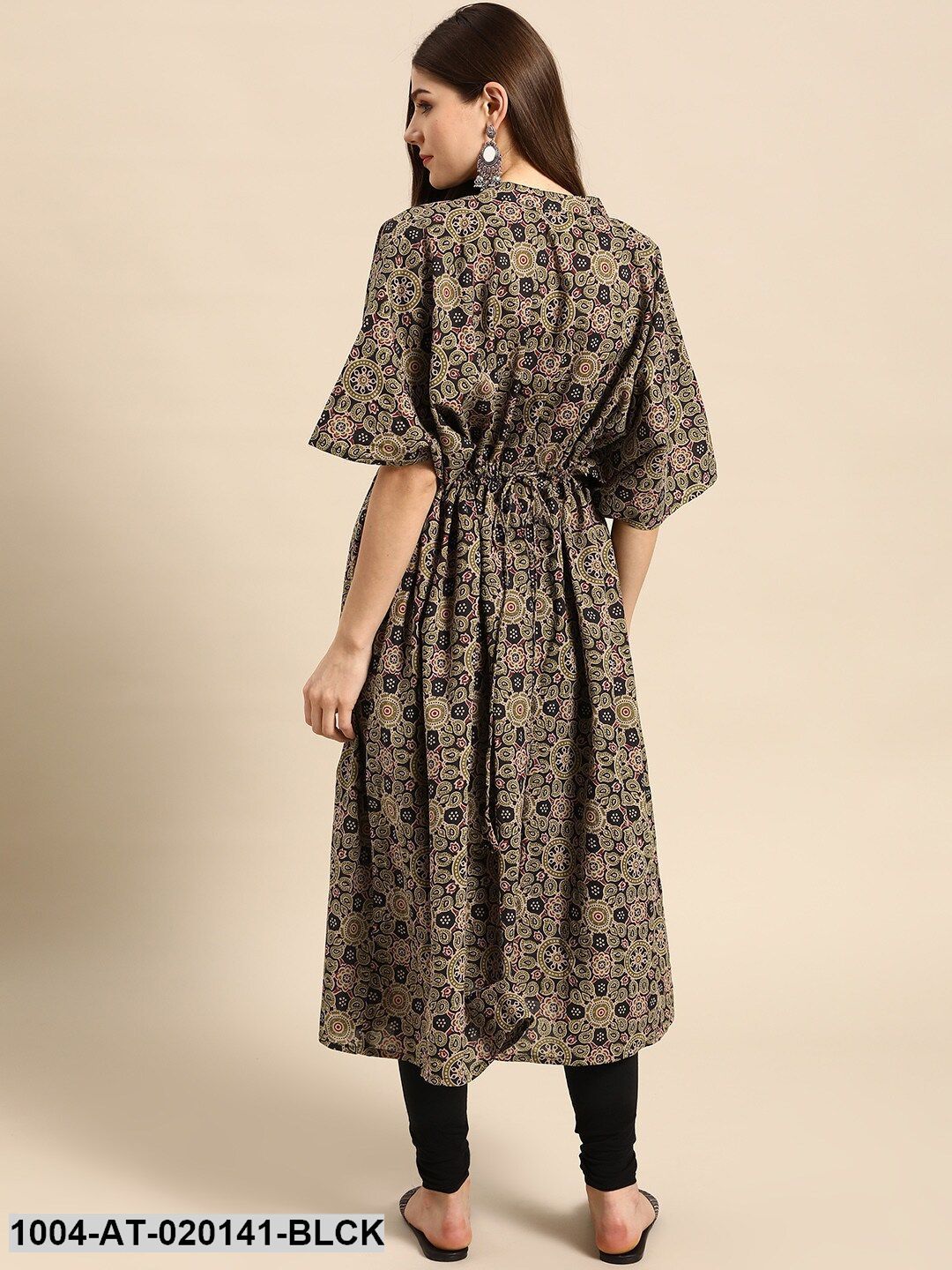 Black & Green Ethnic Motifs Screen Print Flared Sleeves Kaftan Kurta