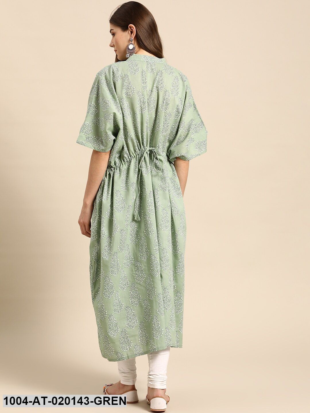 Green & Off White Ethnic Motifs Screen Print Flared Sleeves Kaftan Kurta