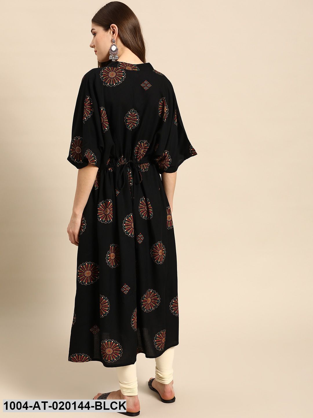 Black & Golden Ethnic Motifs Screen Print Flared Sleeves Kaftan Kurta