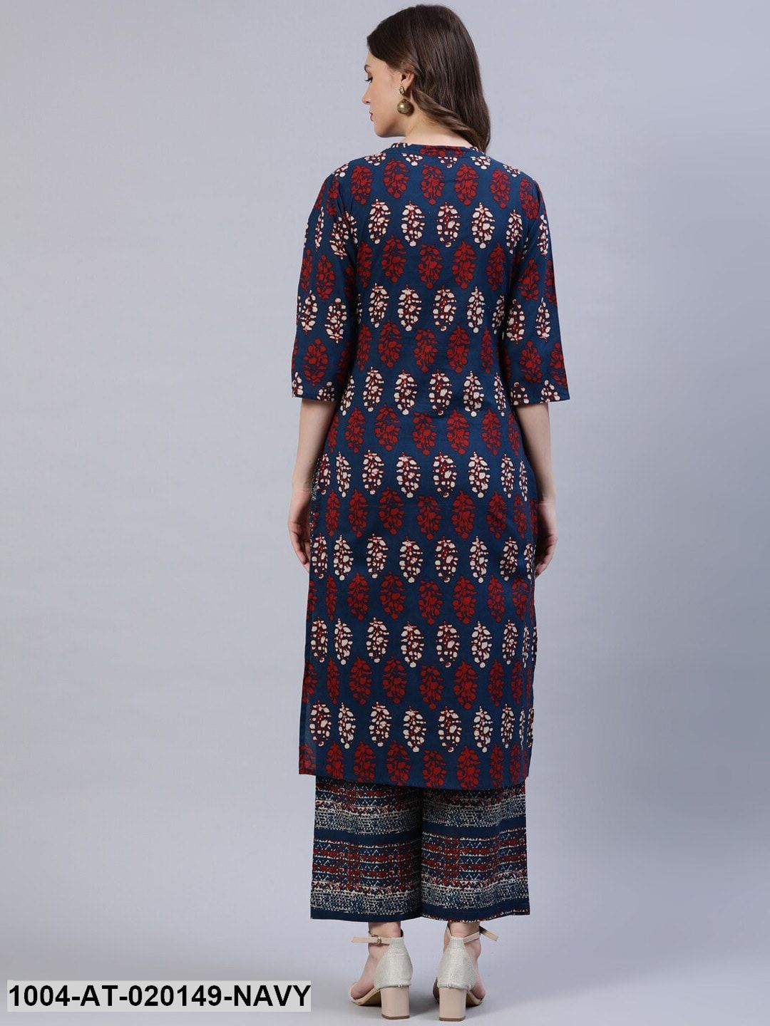 Navy Blue & Red Ethnic Motifs Printed Straight Kurta