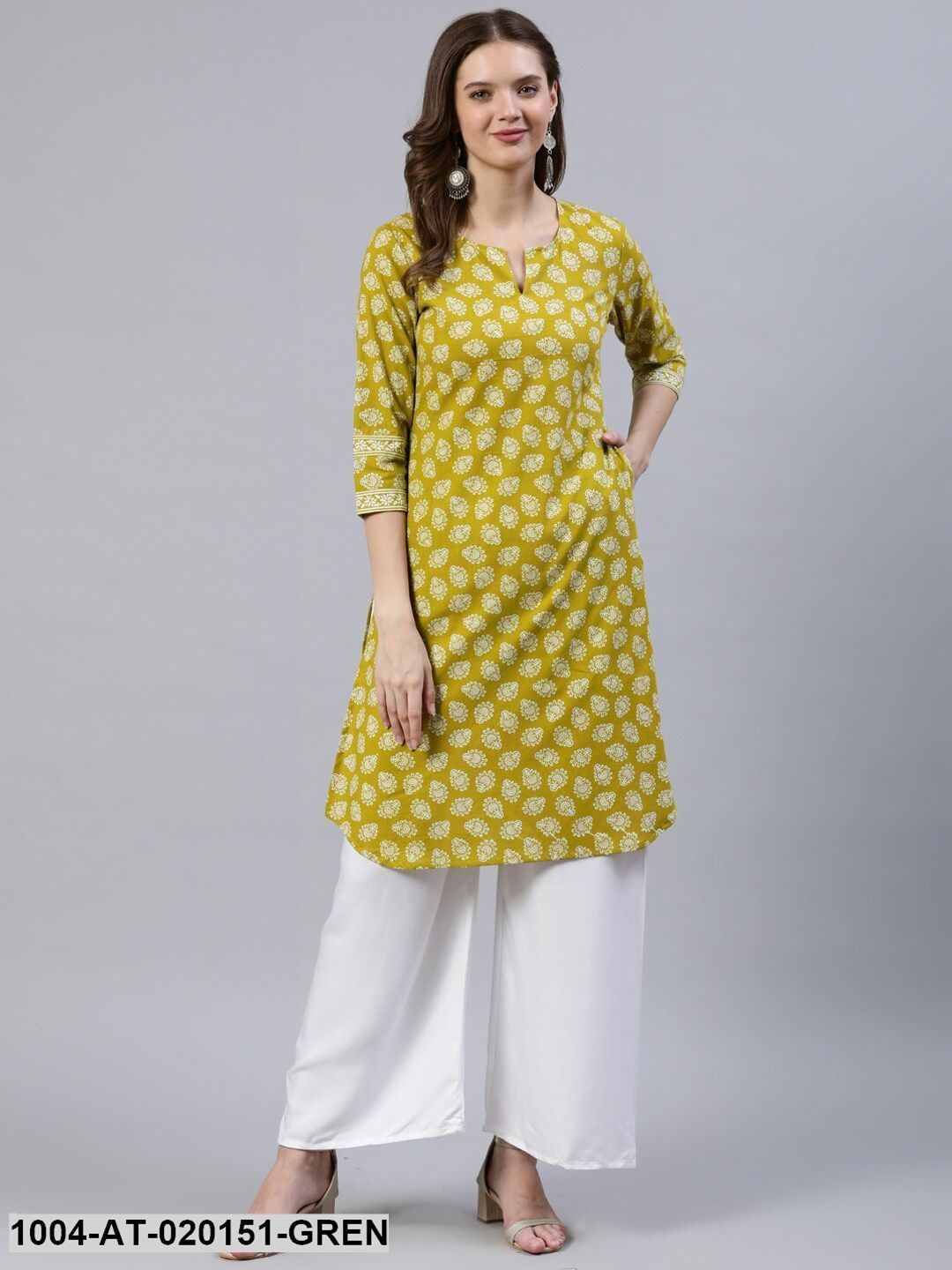 Green & White Ethnic Motifs Printed Kurta