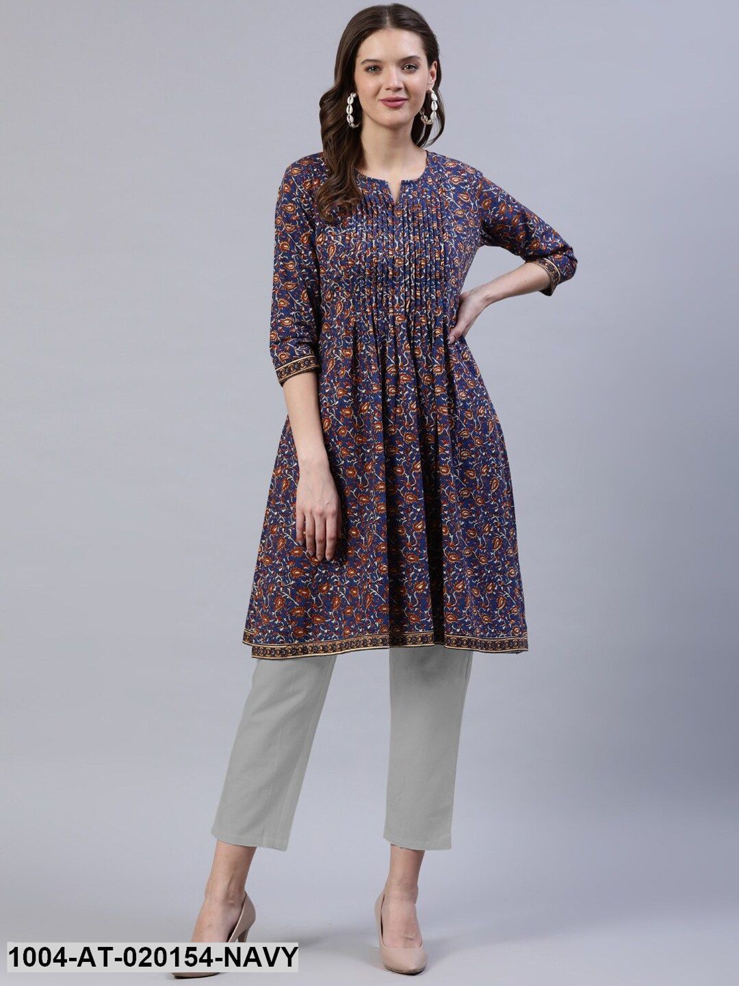 Navy Blue & Brown Ethnic Motifs Printed Thread Work Indie Prints Kurta