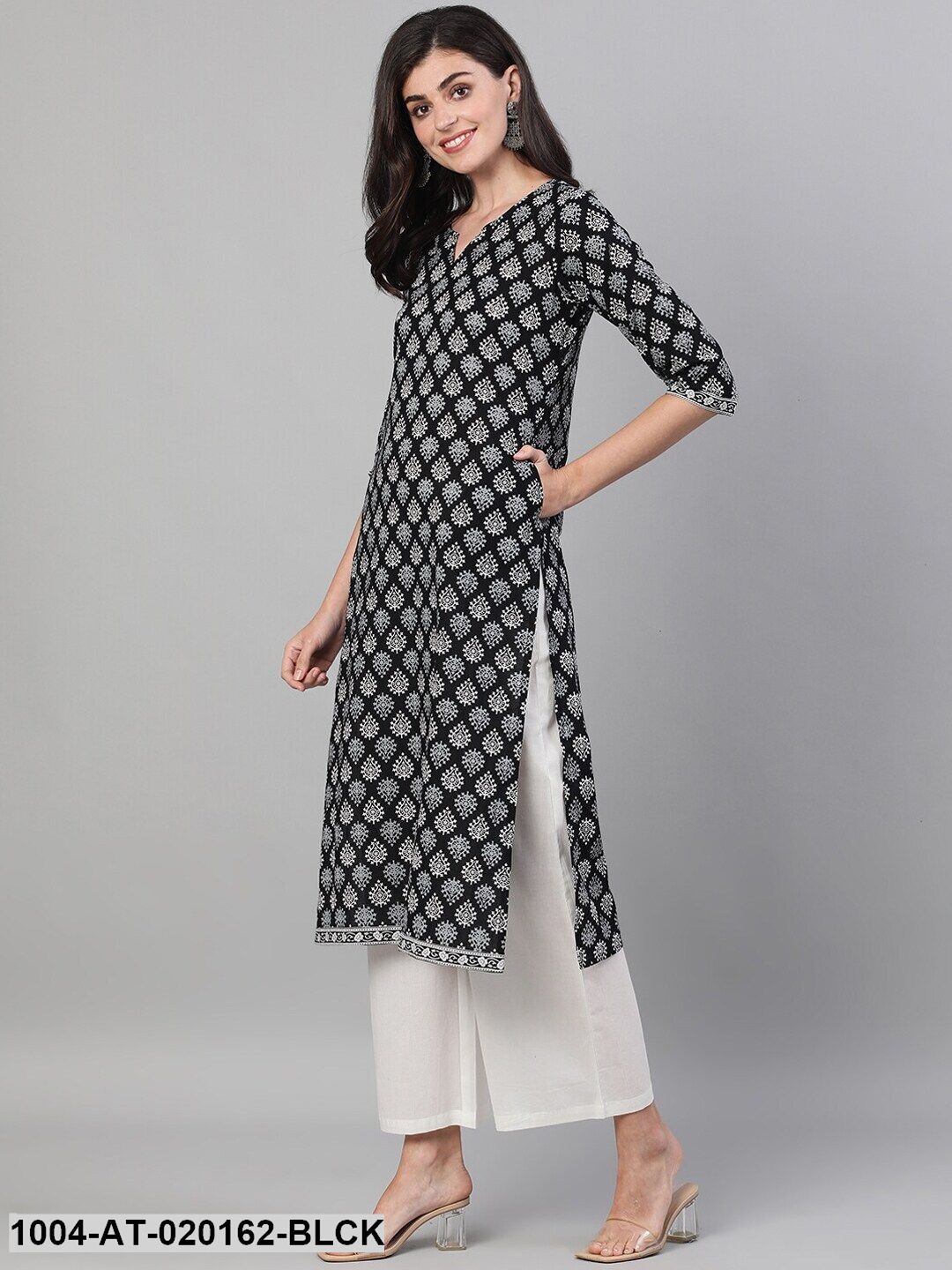 Black White Ethnic Motifs Printed Kurta