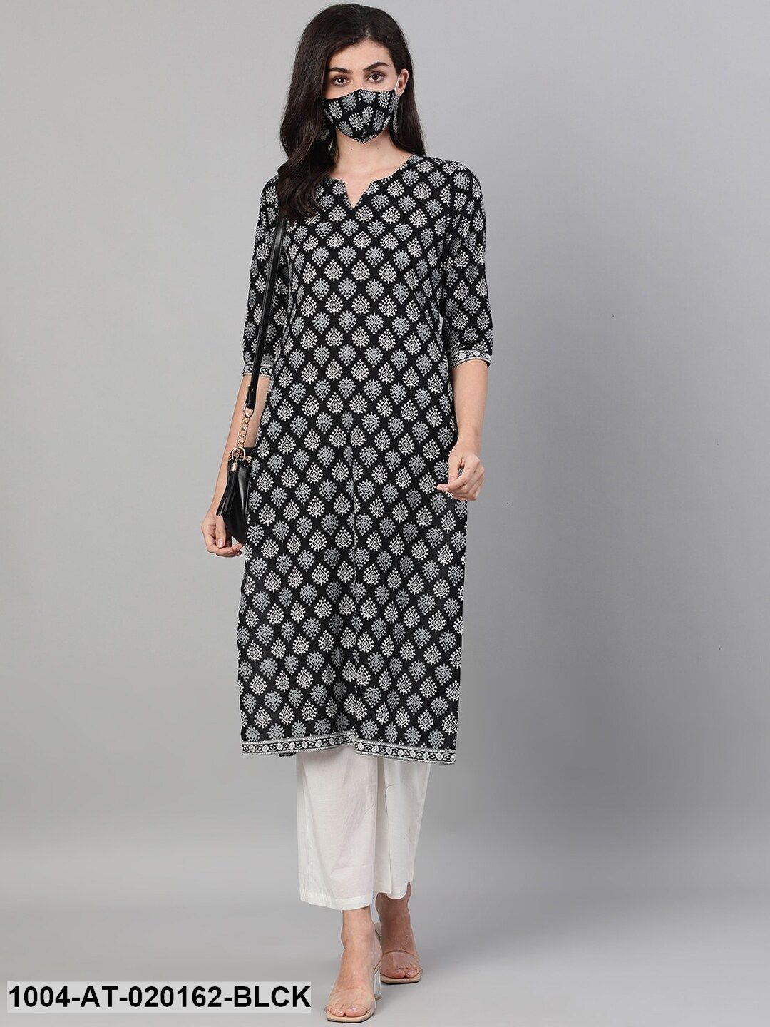 Black White Ethnic Motifs Printed Kurta