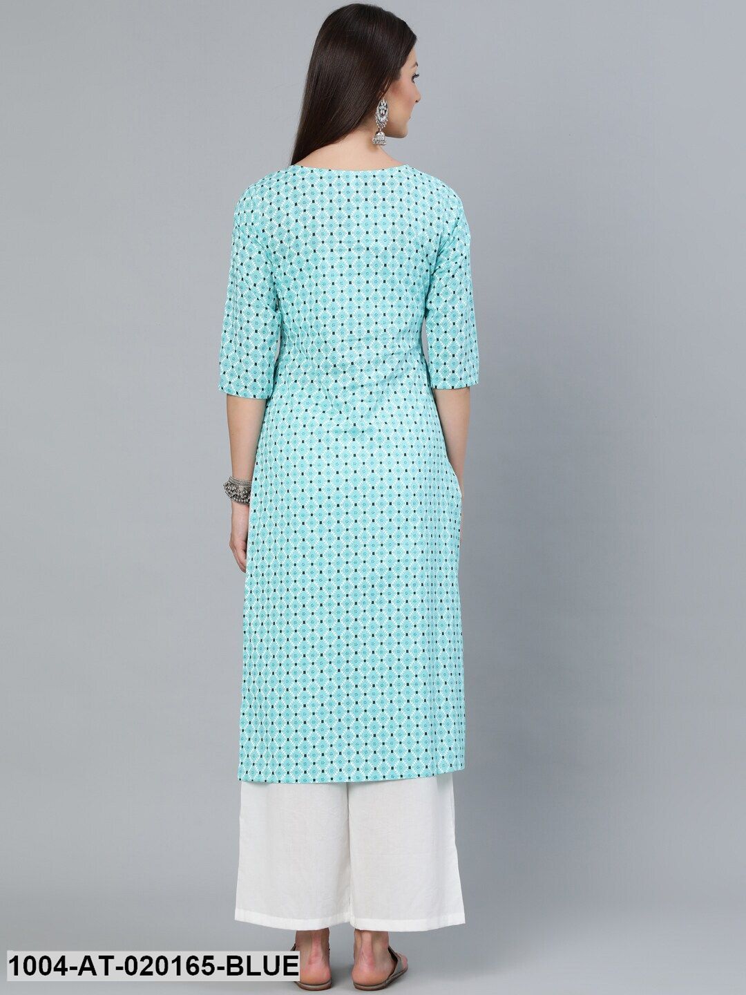 Aqua Blue & Black Geometric Print Straight Kurta With Three Quarters Sleeves