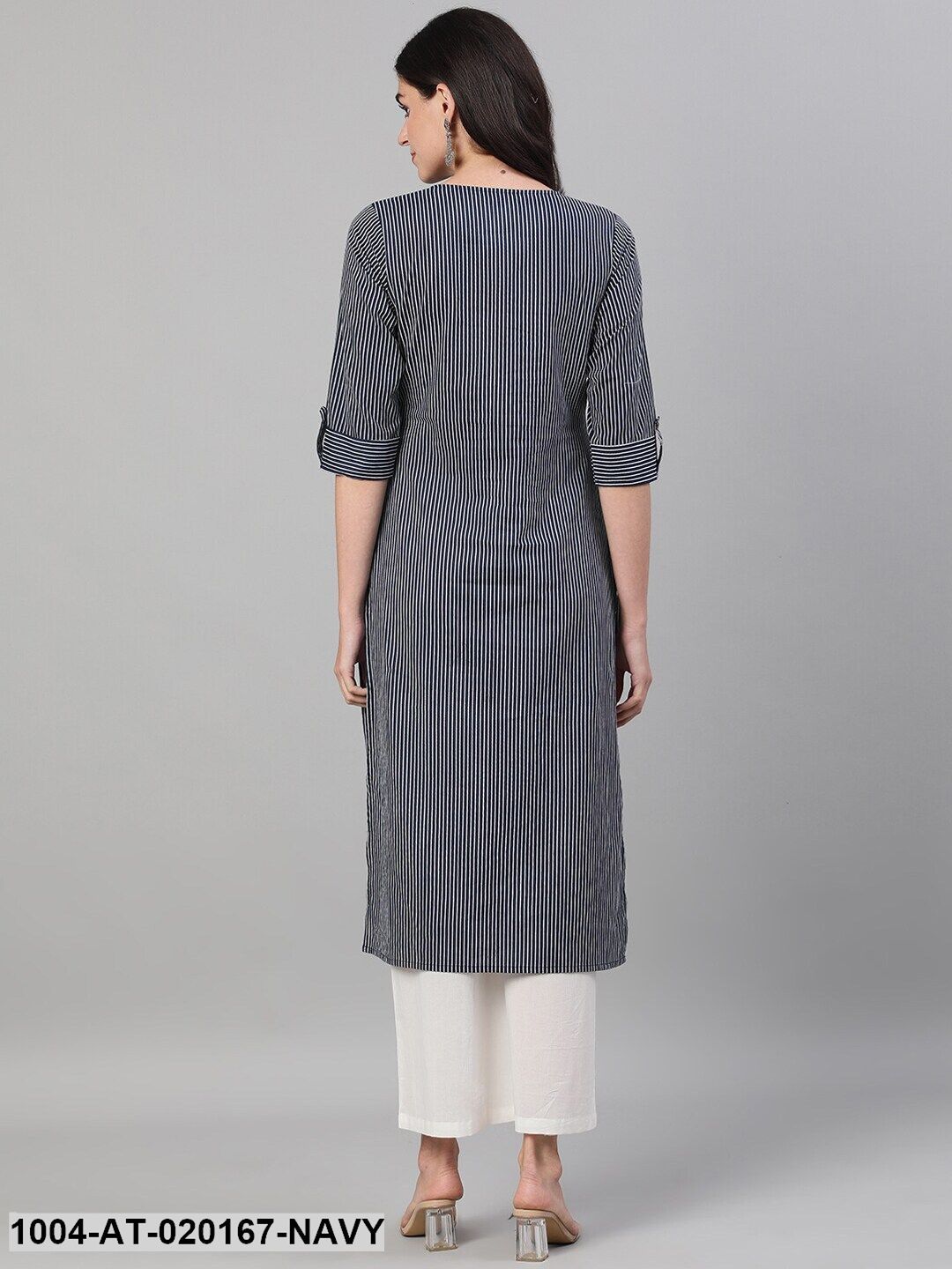Navy Blue Striped Rolled-Up Sleeve Kurta