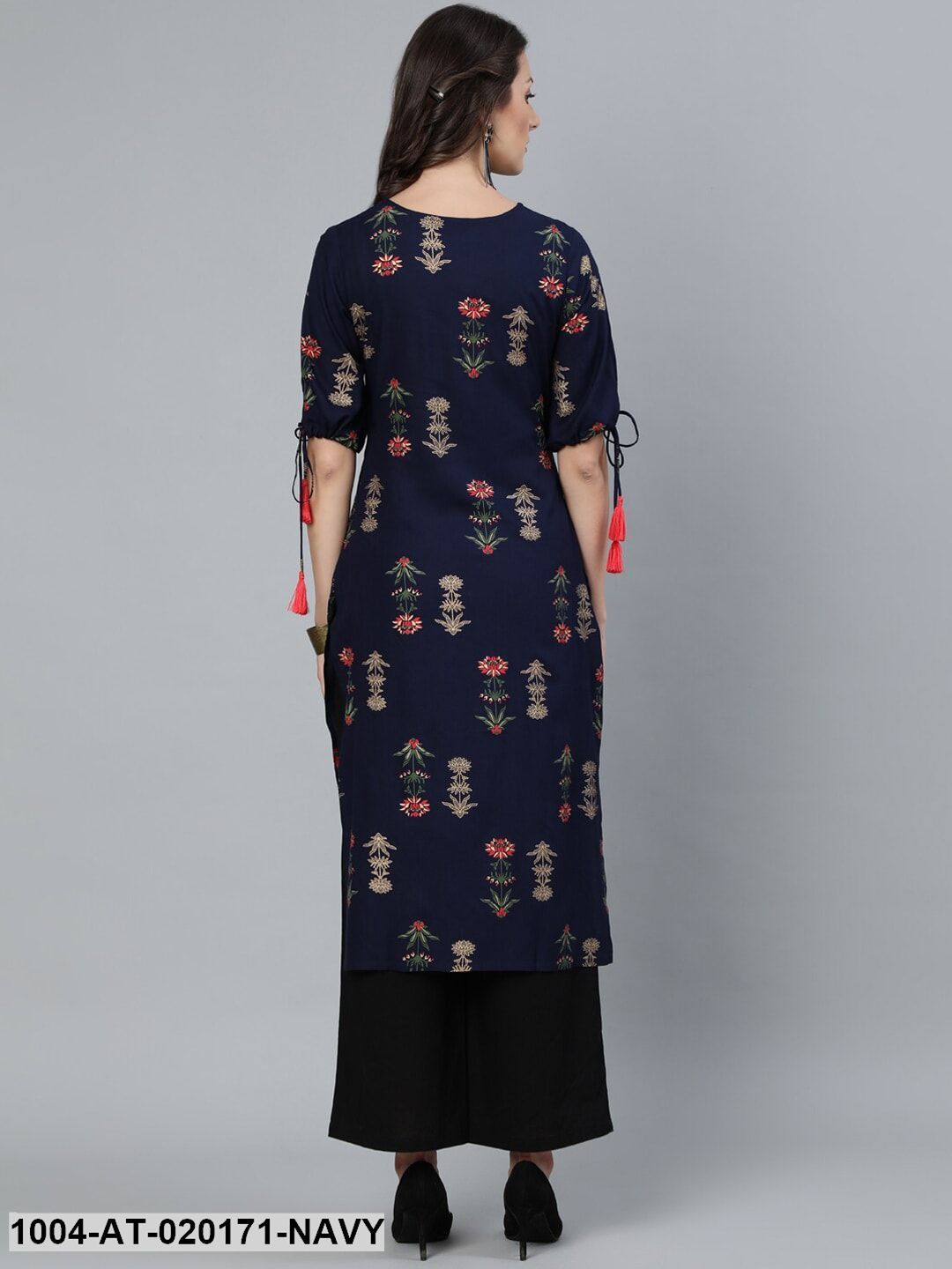 Navy Blue Ethnic Motifs Printed Floral Kurta