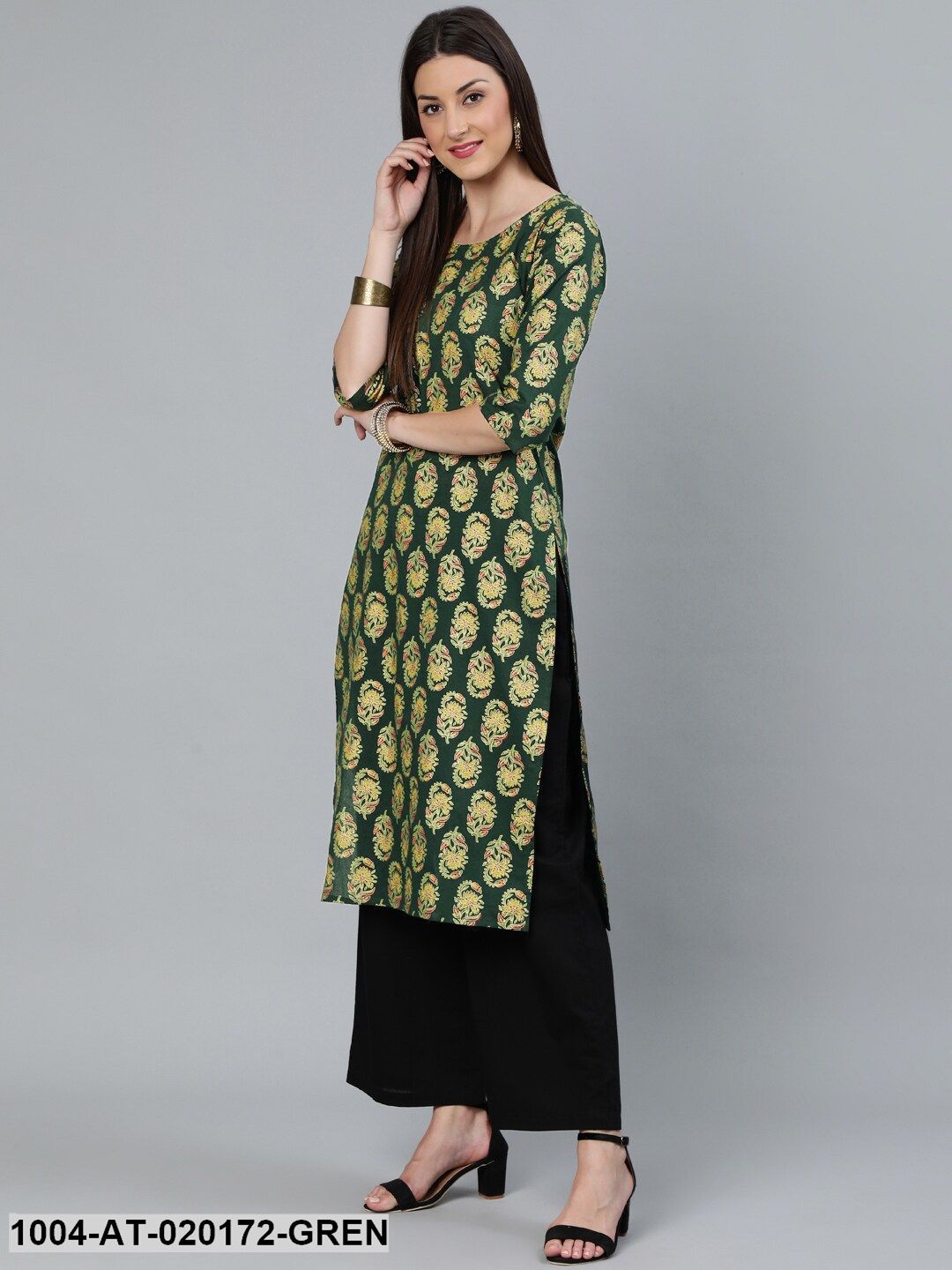 Green & Red Floral Printed Kurta