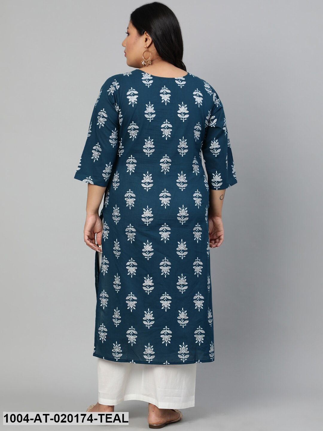 Plus Size Teal Blue & White Ethnic Motifs Printed Indigo Kurta