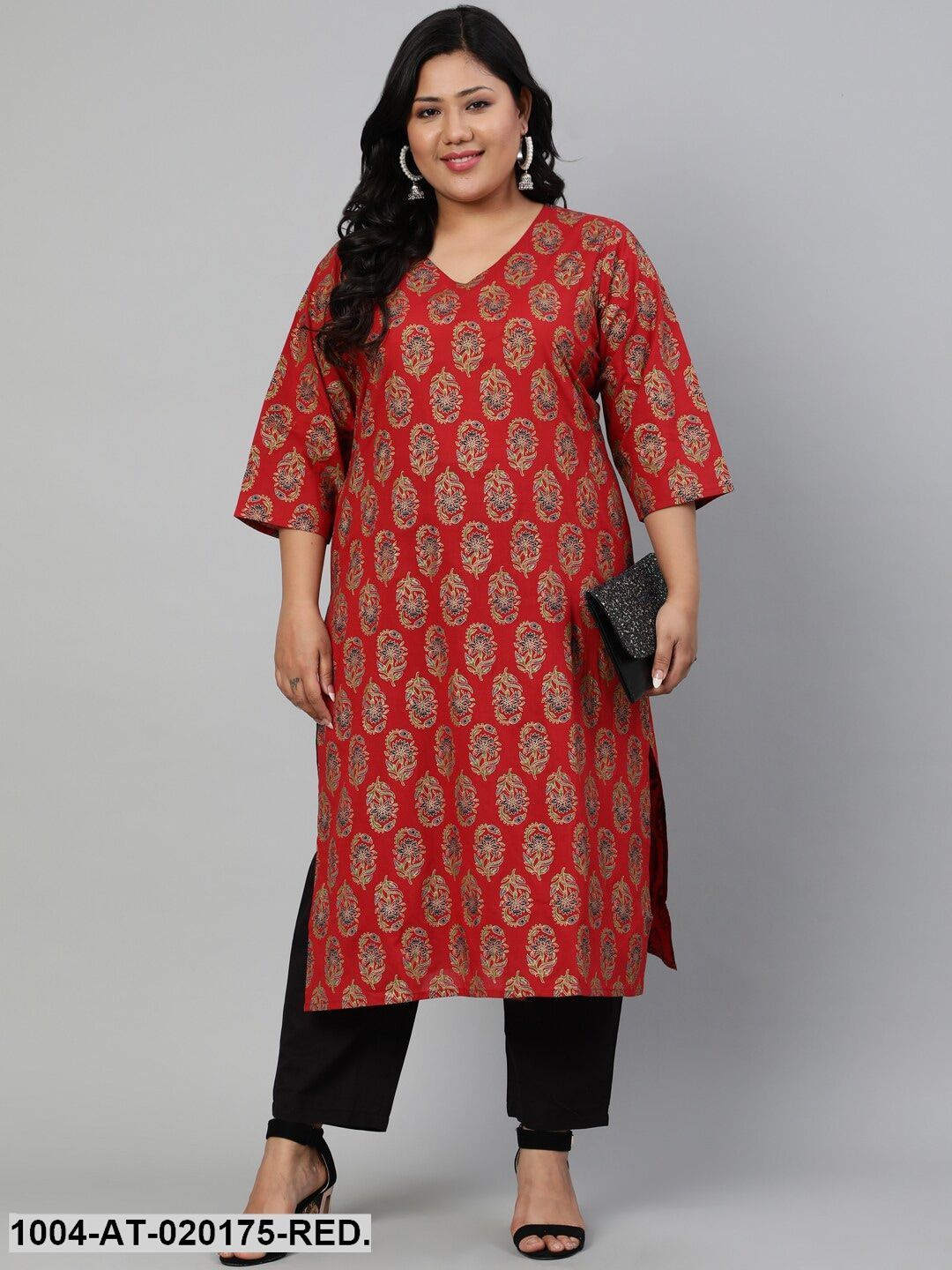Women Red & Gold Printed Straight kurta with V Neck & Three Quarters Sleeves