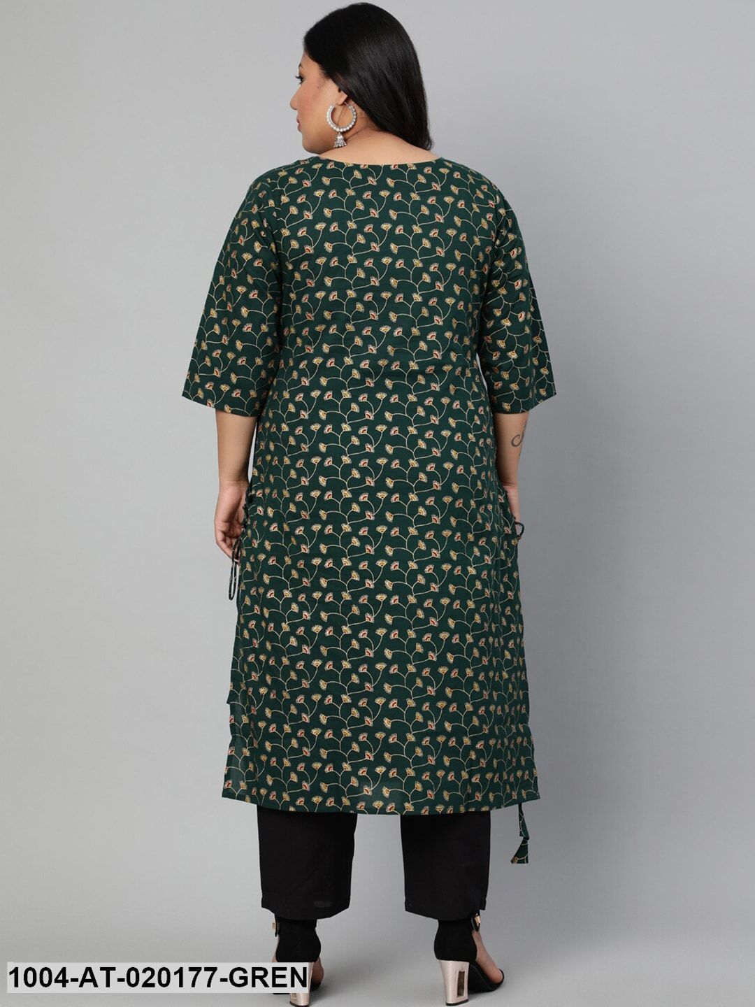 Plus Size Green & Gold Floral Printed Kurta