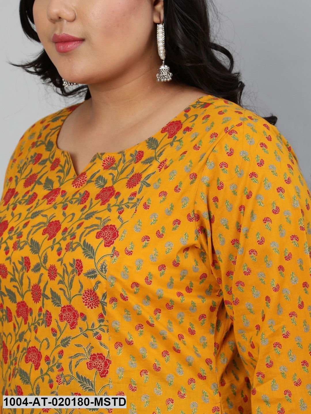 Plus Size Mustard Yellow & Red Floral Printed Floral Kurta