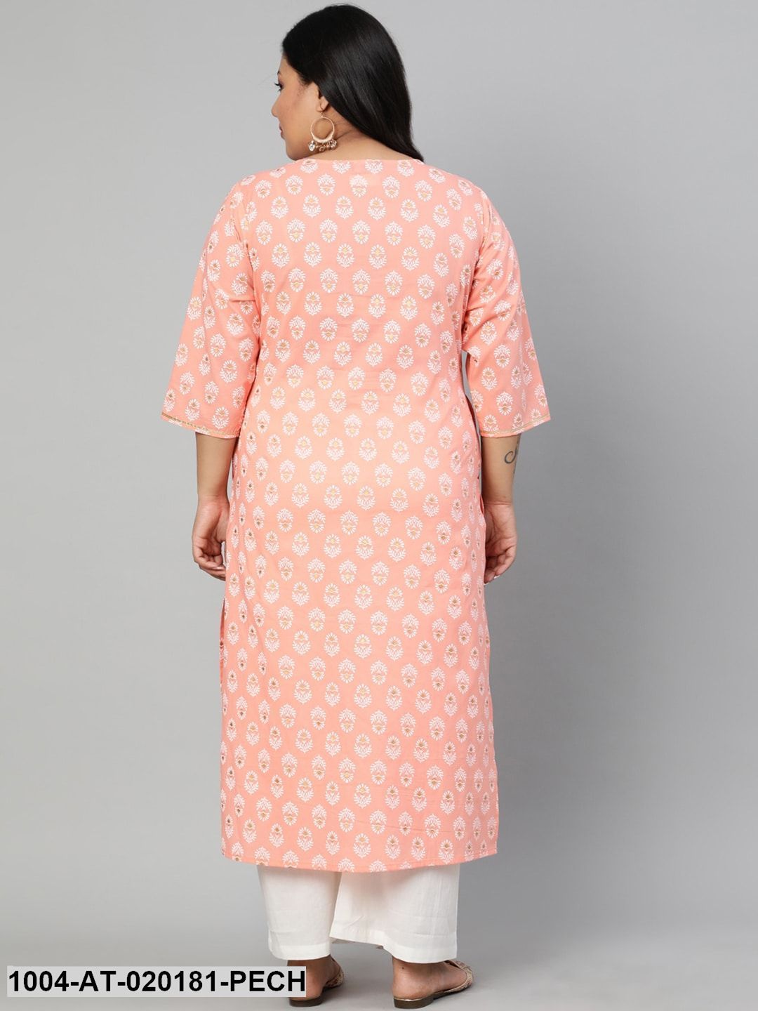 Plus Size Pastel Peach & White Ethnic Motifs Printed Kurta