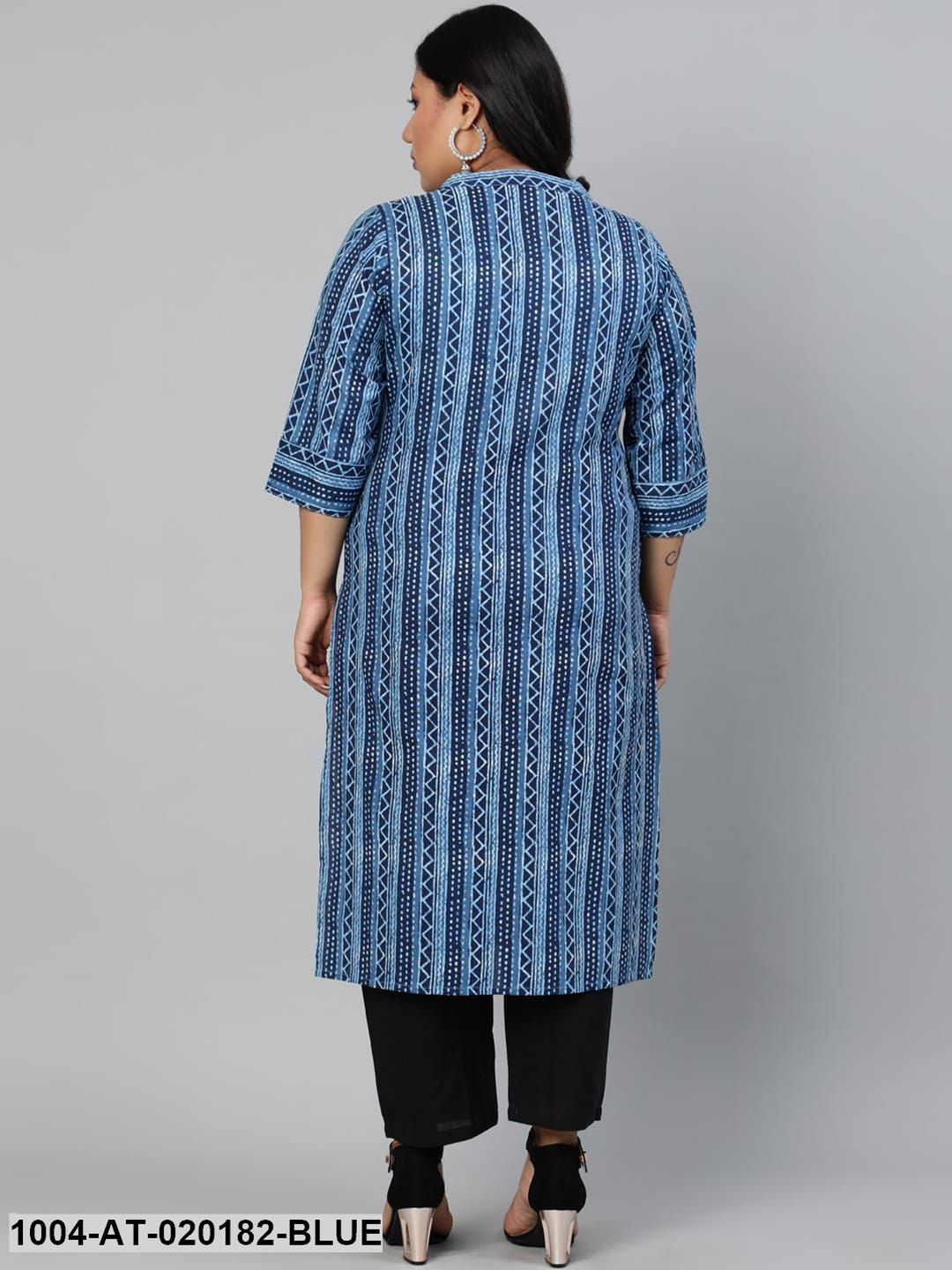 Plus Size Blue & White Geometric Printed Indigo Kurta