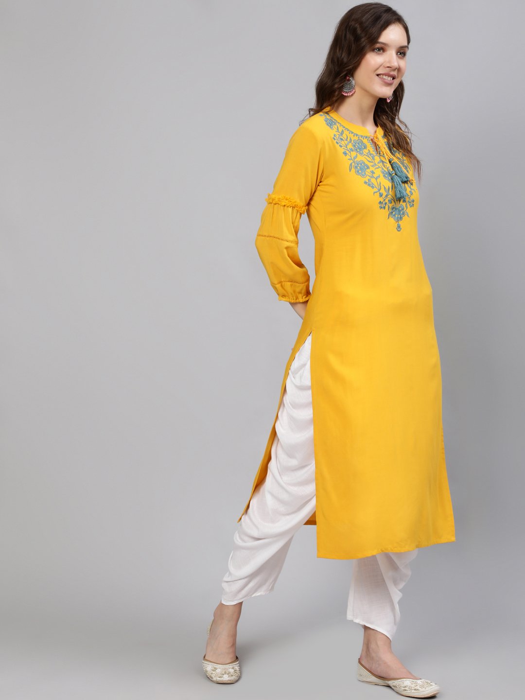 Women Mustard Embroidered Straight Kurta With Three Quarter Sleeves
