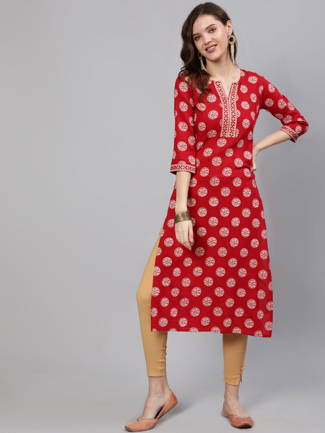 Women Red & Gold Printed Straight Kurta With Half Sleeves