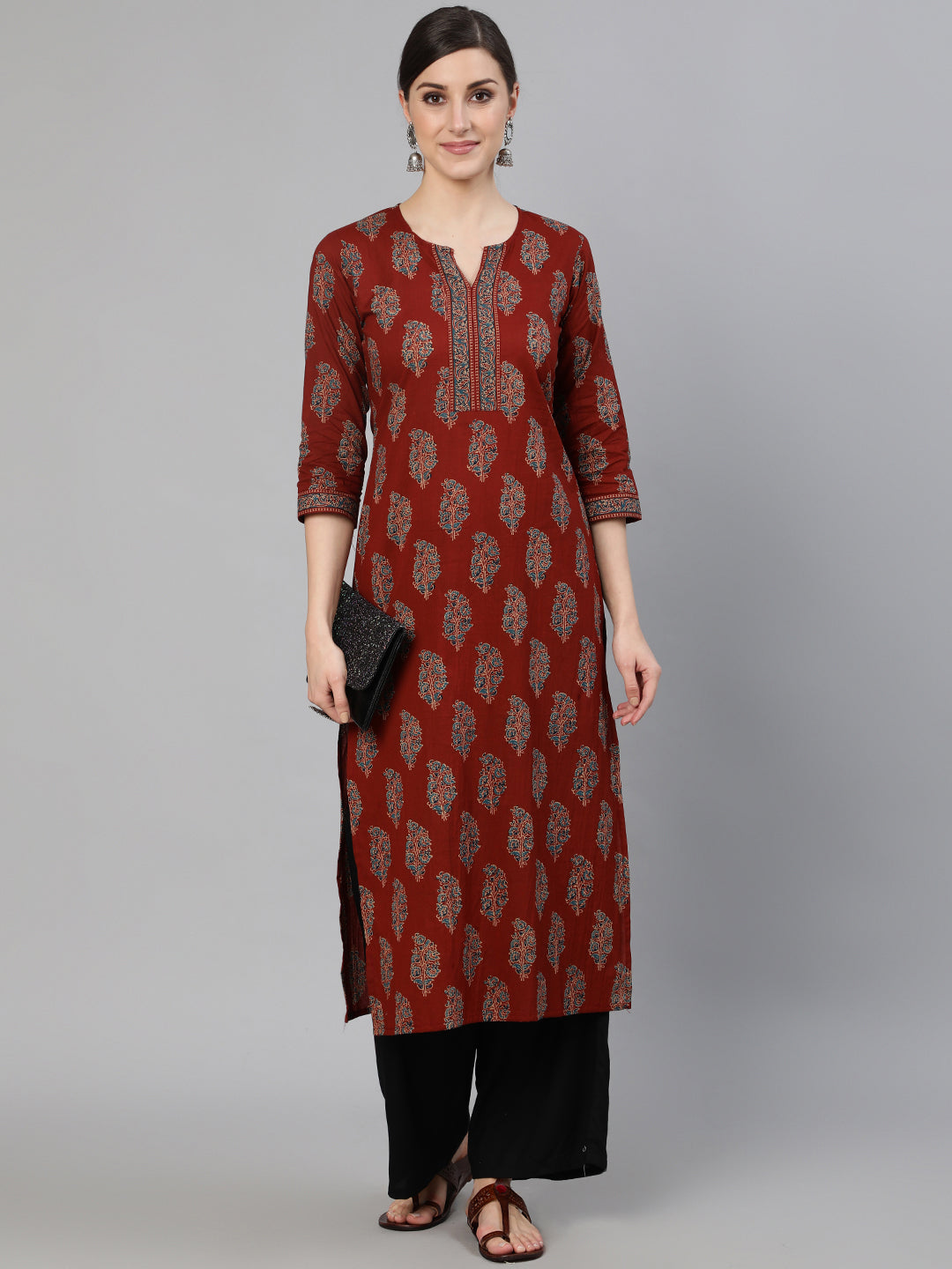 Maroon Ethnic Printed Straight Kurta With Three Quarter Sleeves