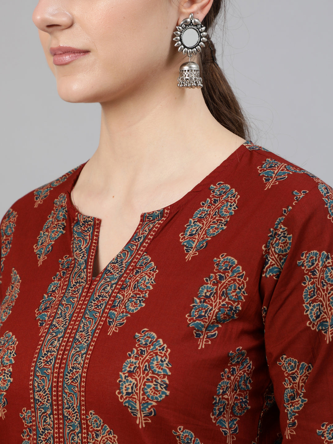 Maroon Ethnic Printed Straight Kurta With Three Quarter Sleeves