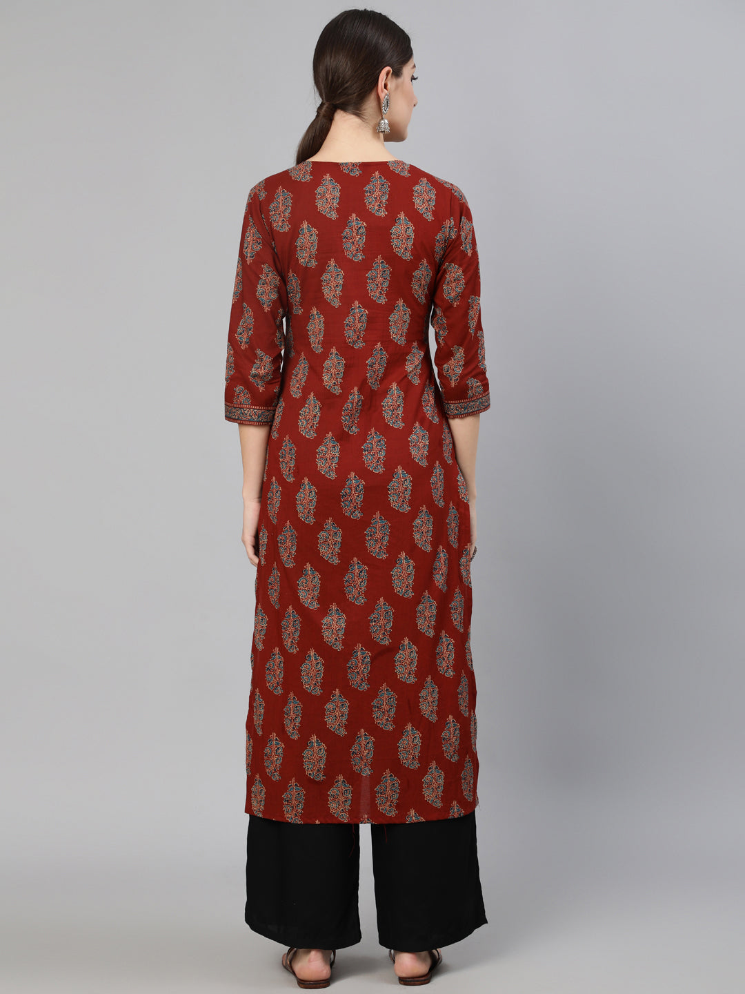 Maroon Ethnic Printed Straight Kurta With Three Quarter Sleeves