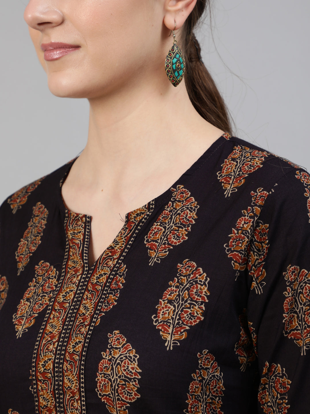 Black Ethnic Printed Straight Kurta With Three Quarter Sleeves