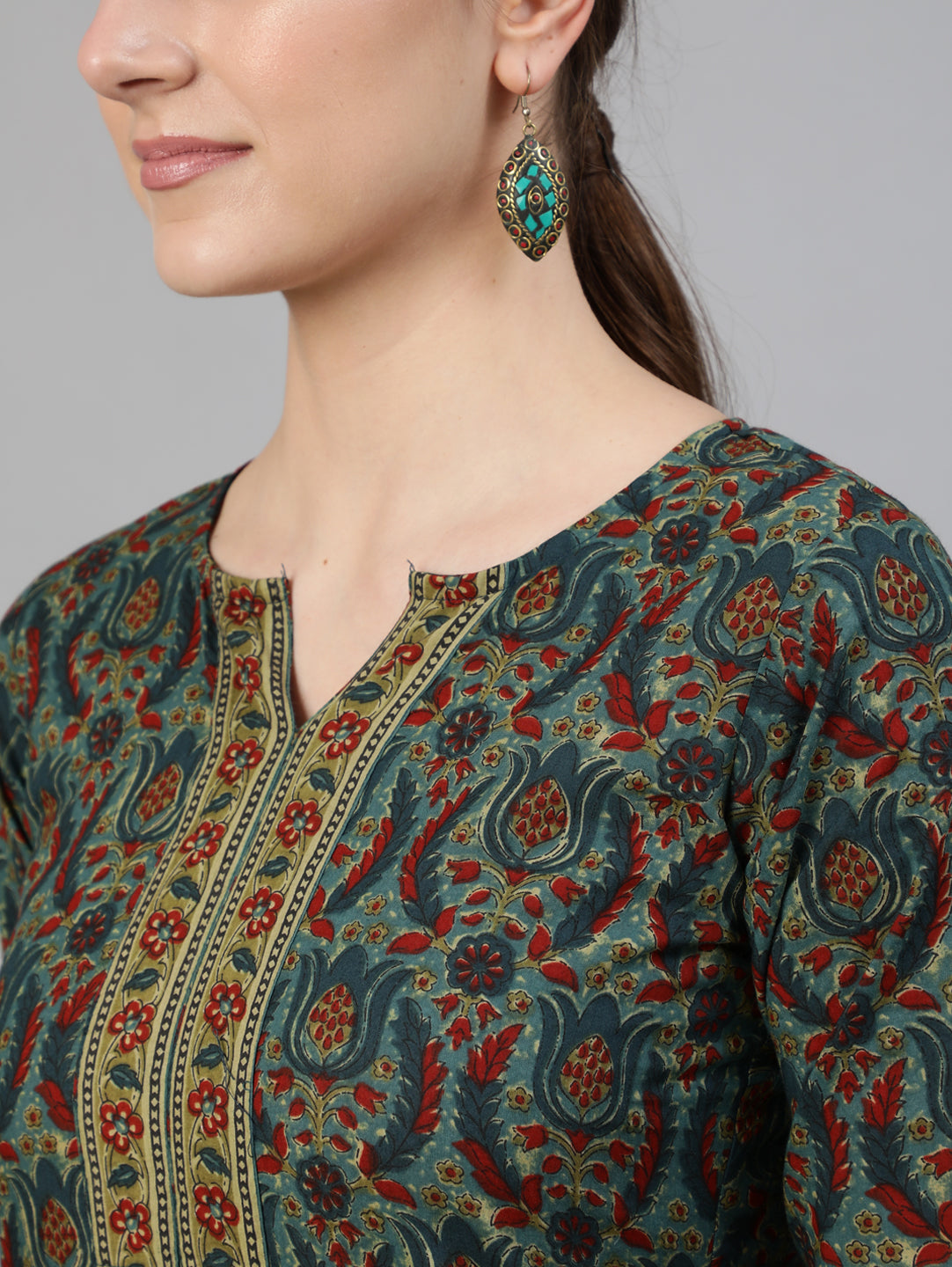 Blue Geomatric Printed Straight Kurta With Three Quarter Sleeves