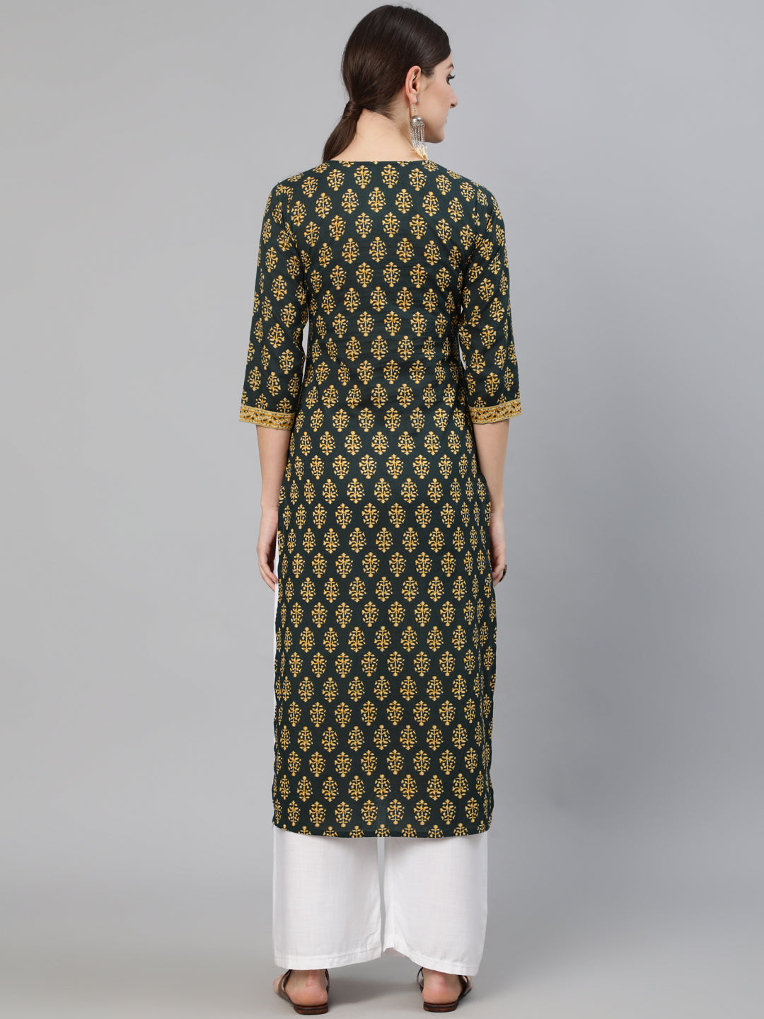 Green Ethnic Printed Straight Kurta with Three Quarter Sleeves