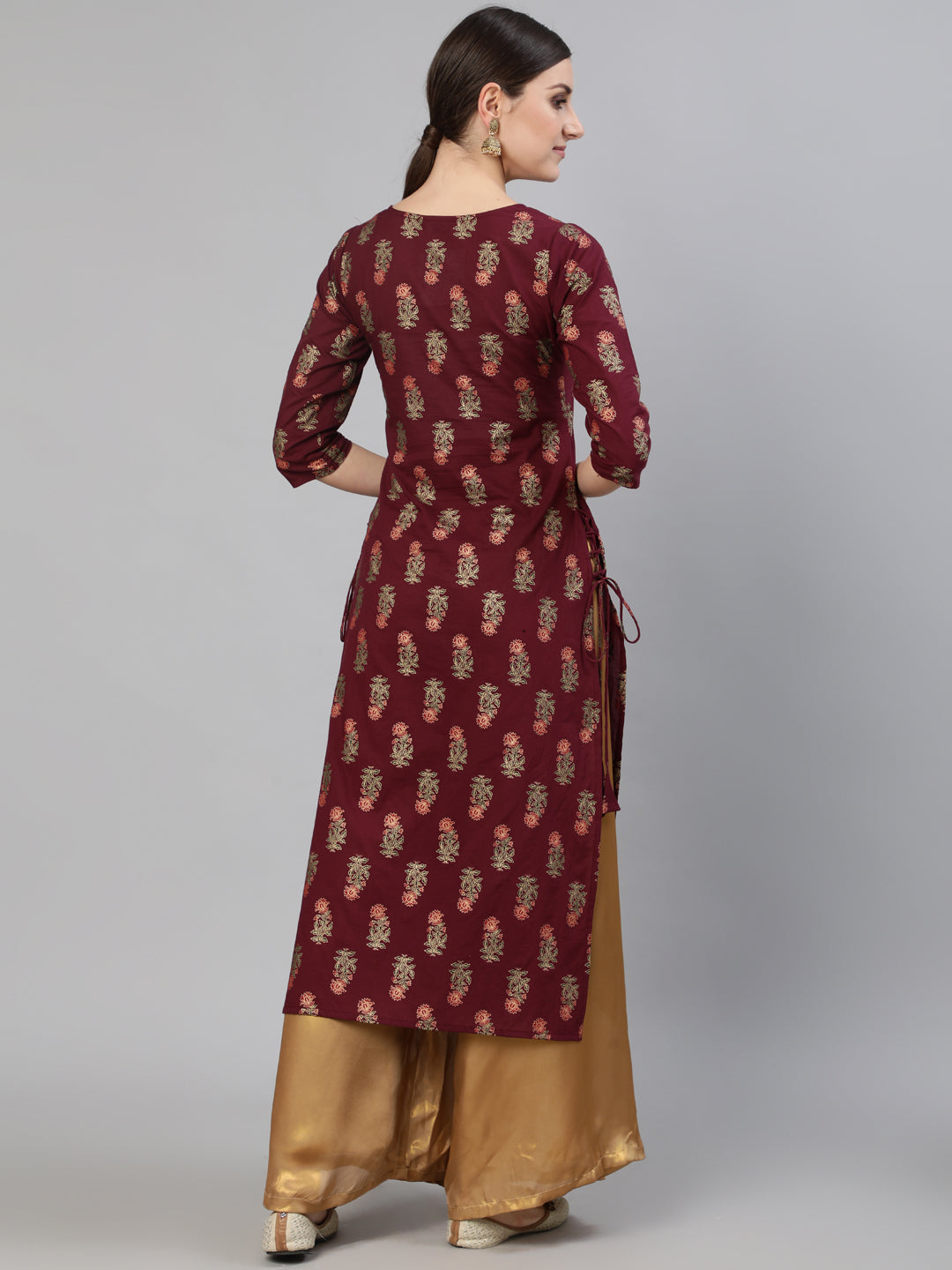Burgundy Floral Printed Kurta with Tesals Details