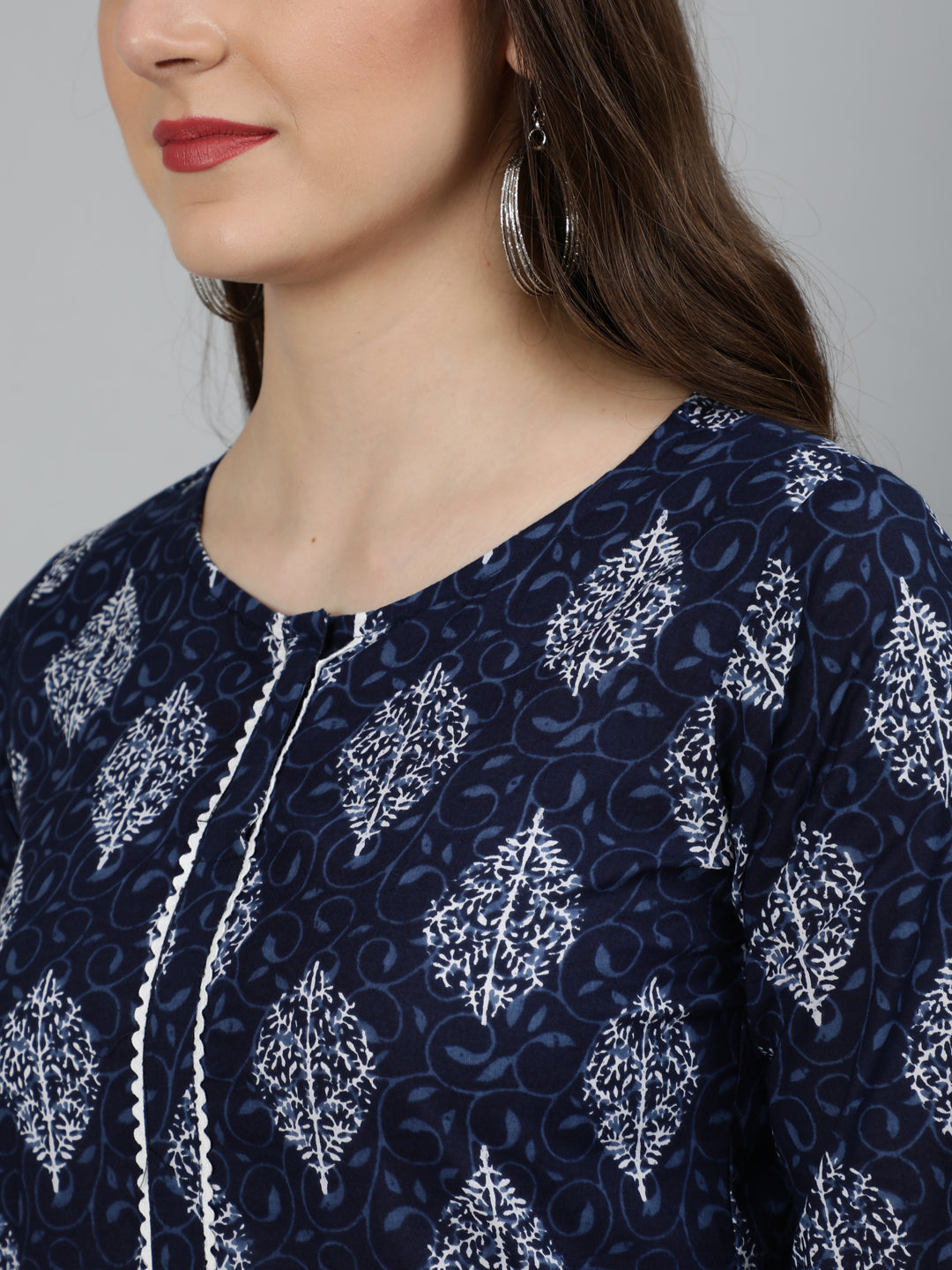 Navy Blue Ethnic Printed Straight Kurta With Three Quarter Sleeves
