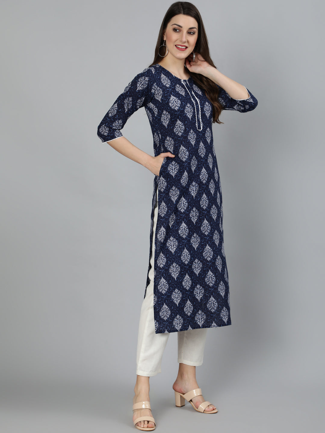 Navy Blue Ethnic Printed Straight Kurta With Three Quarter Sleeves