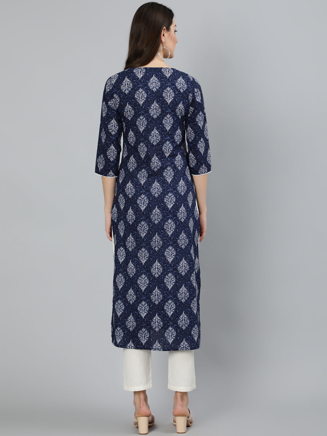 Navy Blue Ethnic Printed Straight Kurta With Three Quarter Sleeves