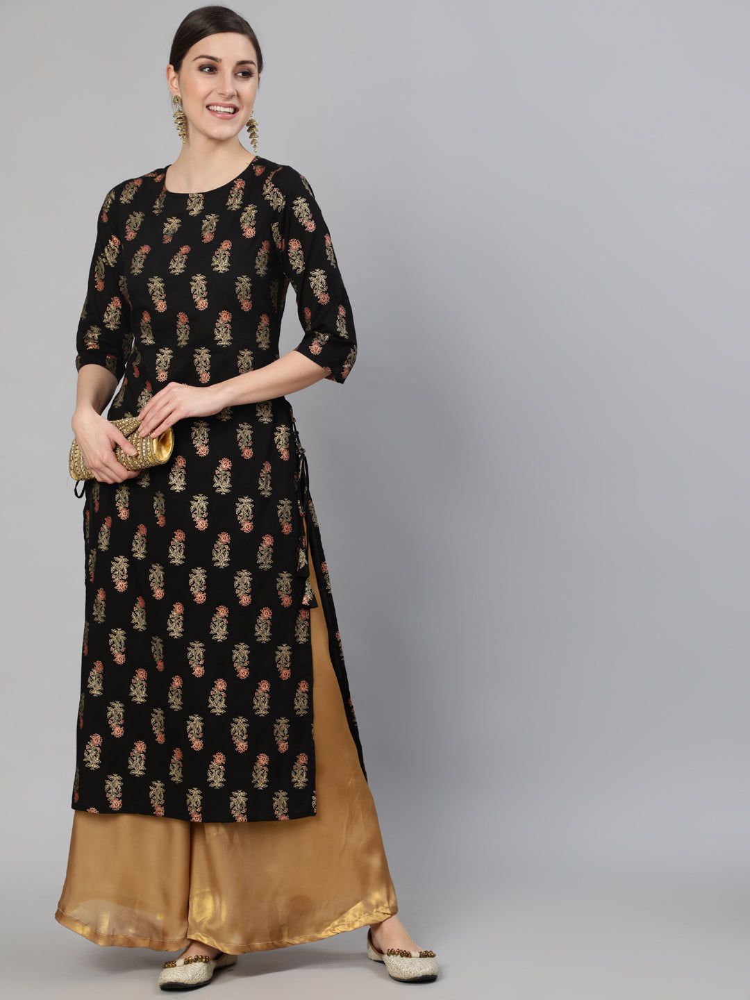 Black Ethnic Printed Straight kurta With Toll Dori Details