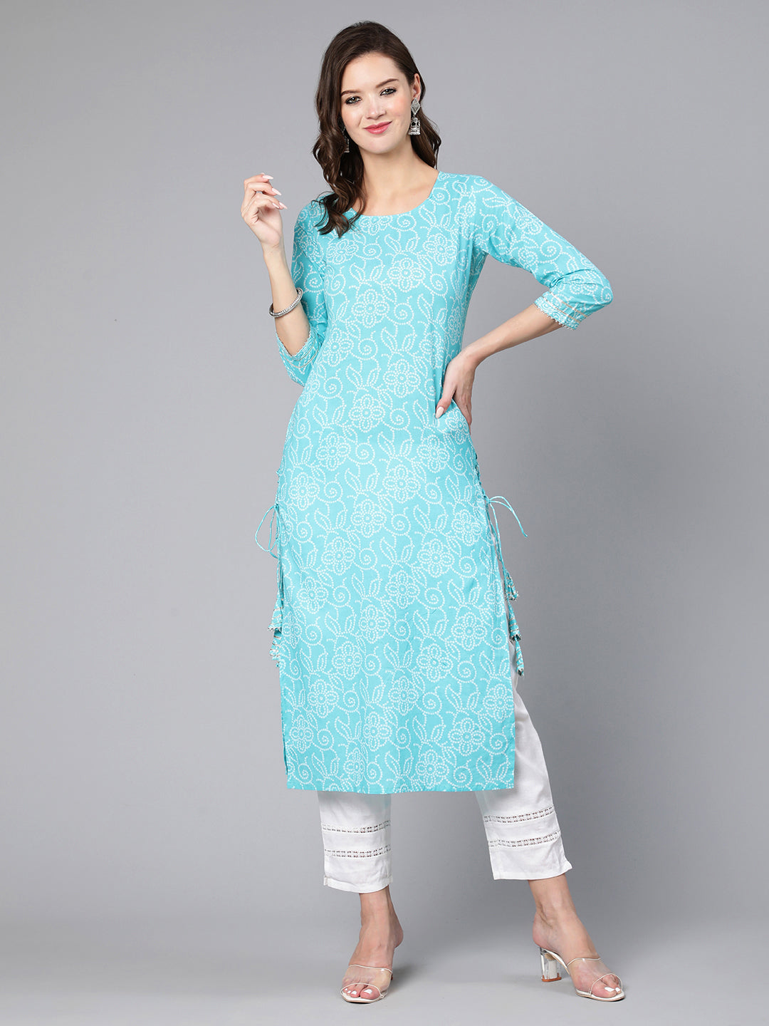 Aqua Blue Bandhani Printed Straight Kurta With Three Quarter Sleeves
