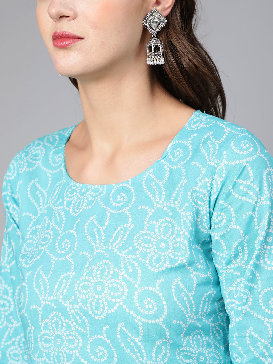 Aqua Blue Bandhani Printed Straight Kurta With Three Quarter Sleeves
