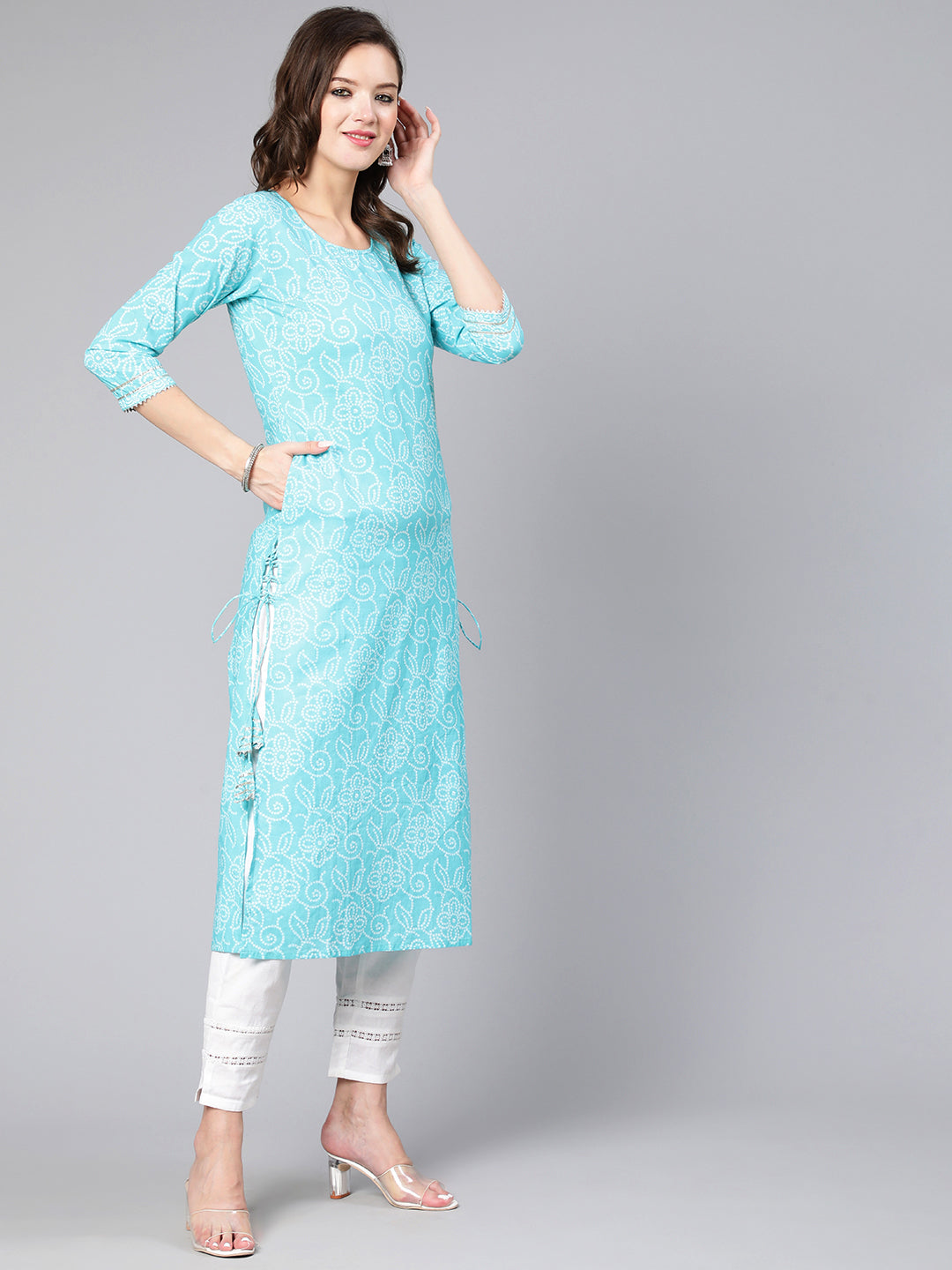 Aqua Blue Bandhani Printed Straight Kurta With Three Quarter Sleeves