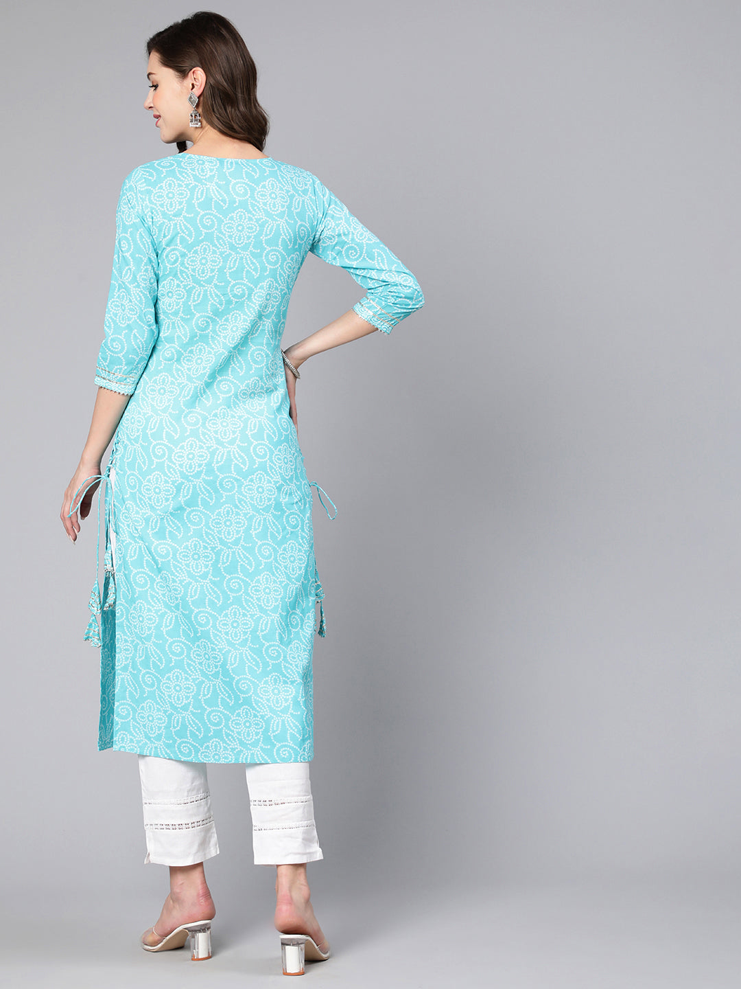 Aqua Blue Bandhani Printed Straight Kurta With Three Quarter Sleeves
