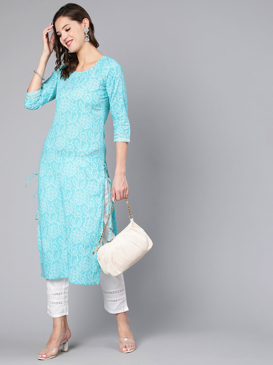 Aqua Blue Bandhani Printed Straight Kurta With Three Quarter Sleeves