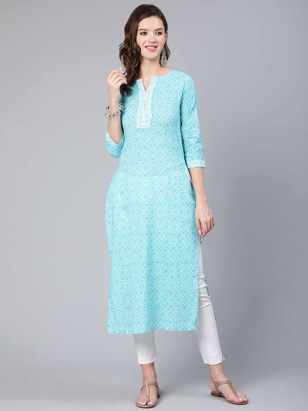 Aqua Blue Bandhani Printed Straight Kurta With Three Quarter Sleeves