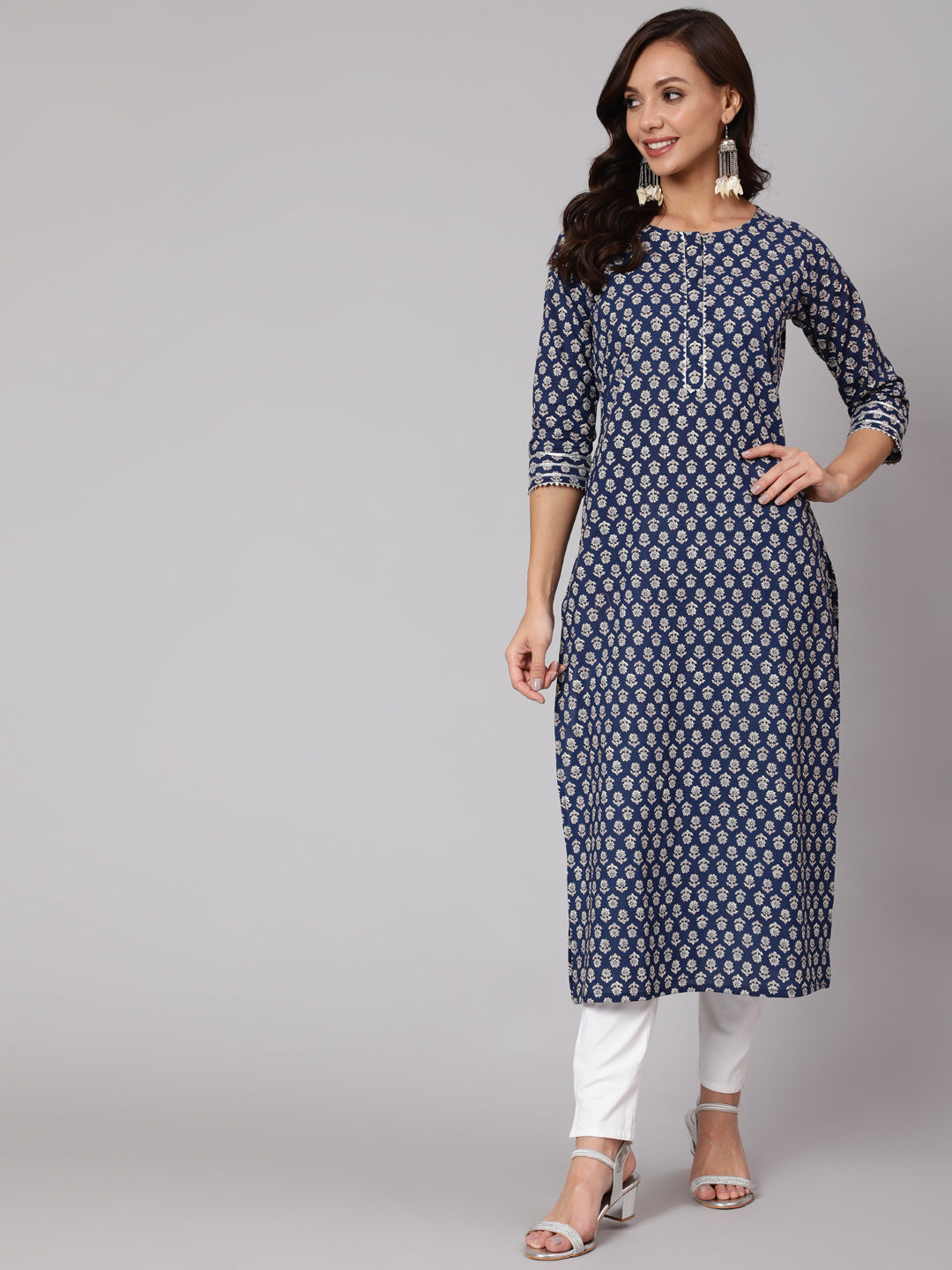 Blue Ethnic Printed Straight Kurta With Three Quarter Sleeves