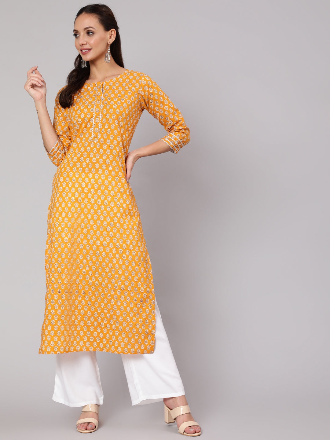 Mustard Ethnic Printed Straight Kurta With Three Quarter Sleeves