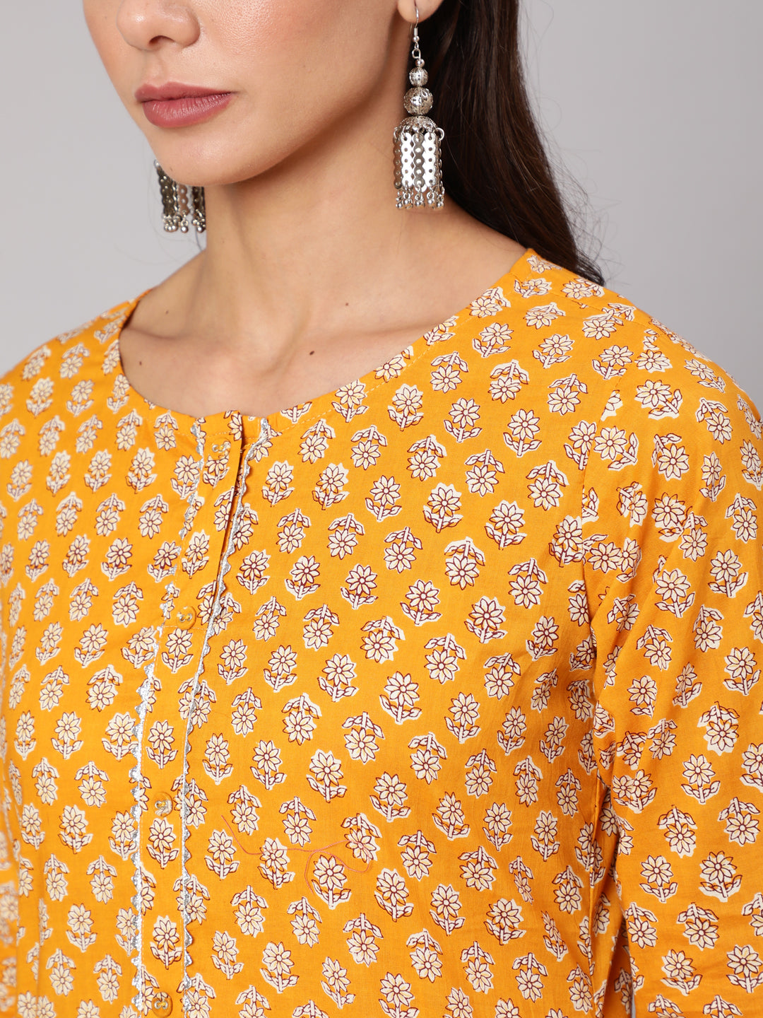 Mustard Ethnic Printed Straight Kurta With Three Quarter Sleeves
