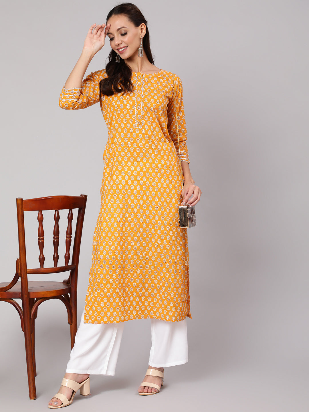 Mustard Ethnic Printed Straight Kurta With Three Quarter Sleeves