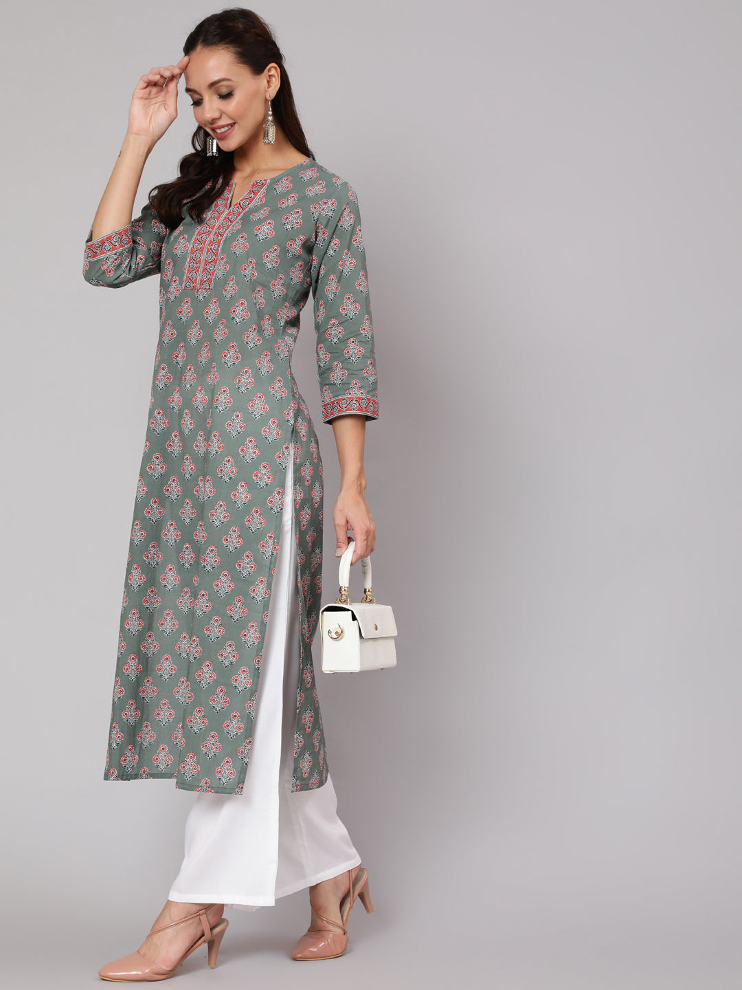Grey Floral Printed Straight Kurta With Three Quarter Sleeves