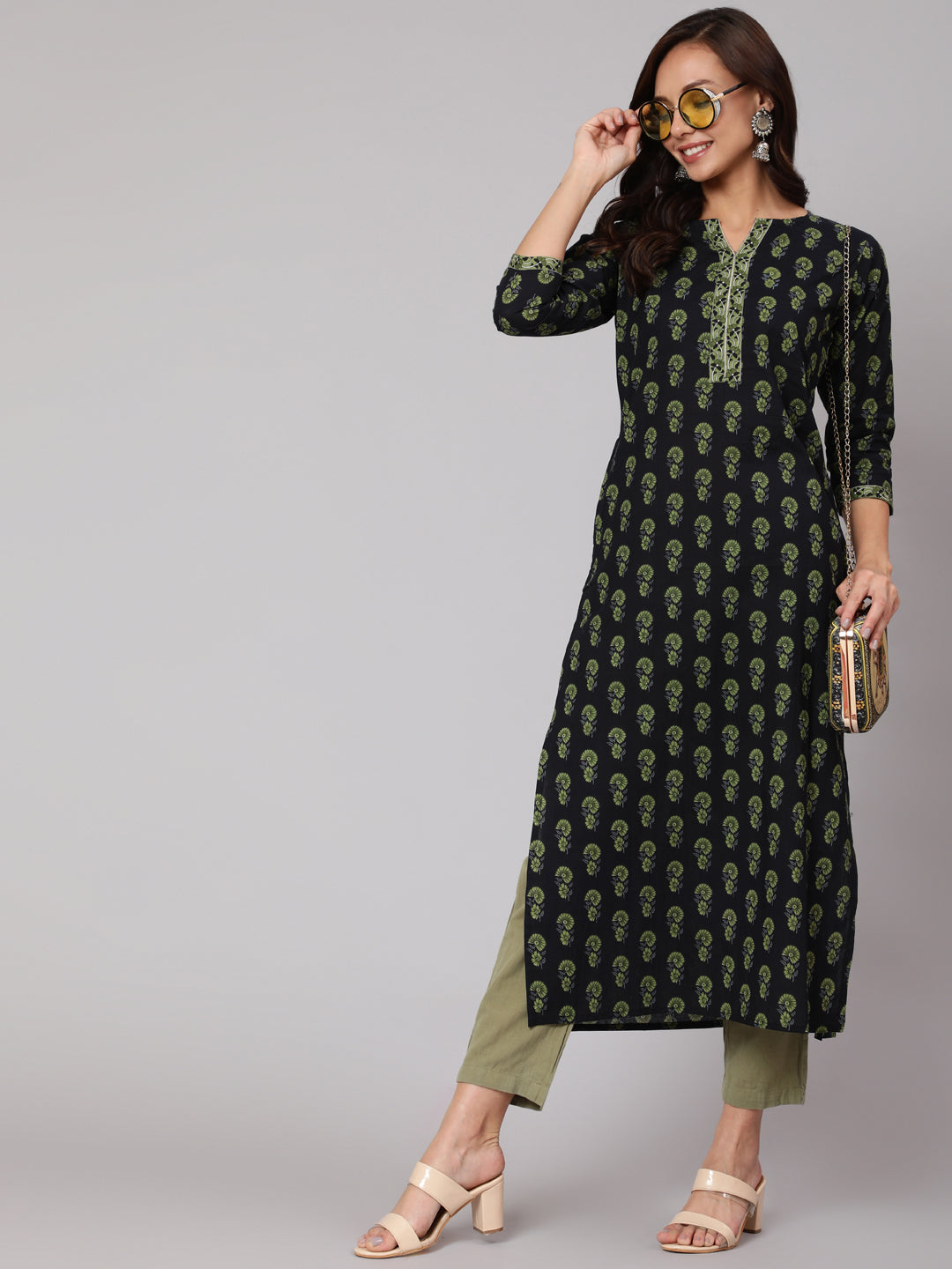 Blue Ethnic Printed Straight Kurta With Three Quarter Sleeves