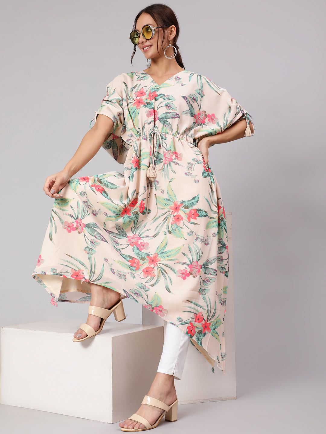 Cream Floral Printed V-Neck Kaftan Kurta
