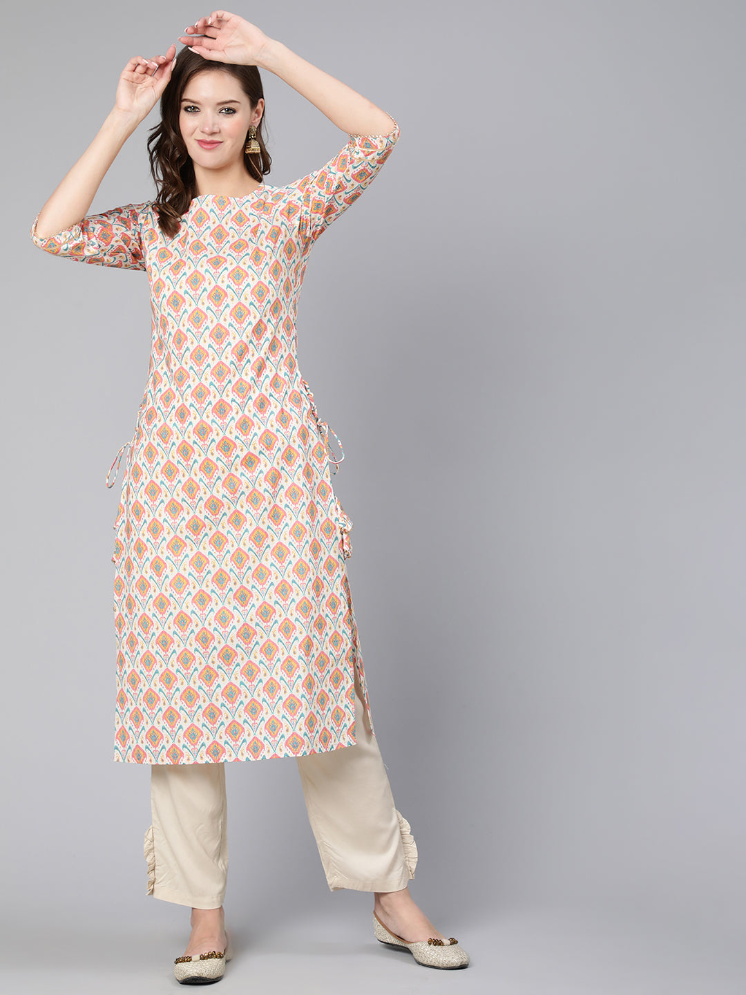 Multi Geometric Printed Straight Kurta With Three Quarter Sleeves
