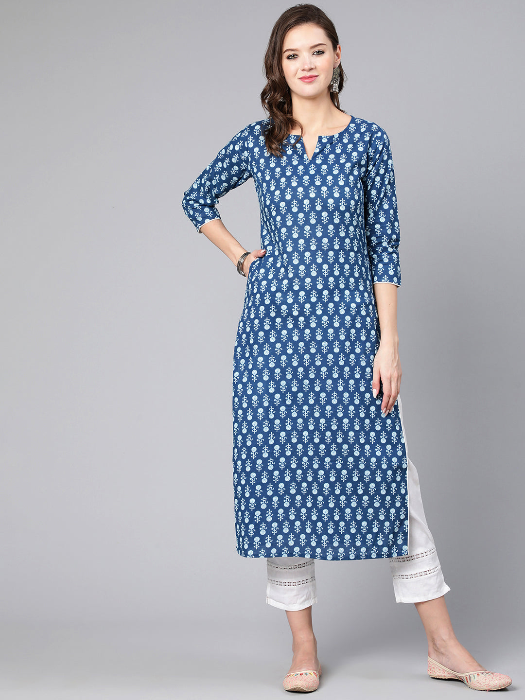 Blue Ethnic Printed Straight Kurta With Three Quarter Sleeves